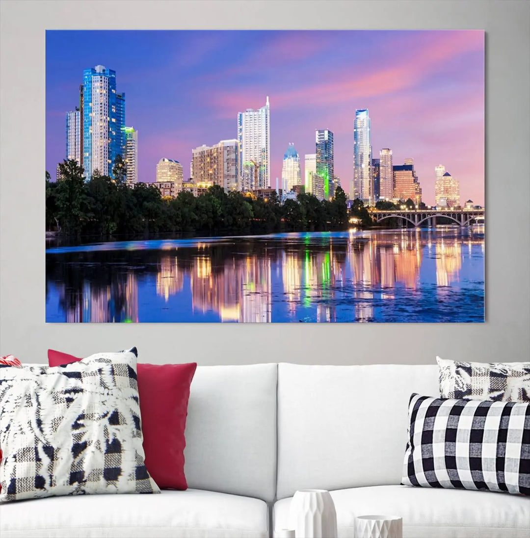 The "Austin City Lights Sunset Purple Skyline View Wall Art Canvas Print" adds artistic flair to the modern living room.