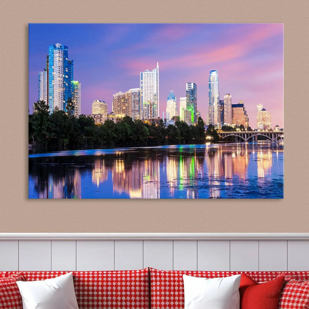 The "Austin City Lights Sunset Purple Skyline View Wall Art Canvas Print" adds artistic flair to the modern living room.