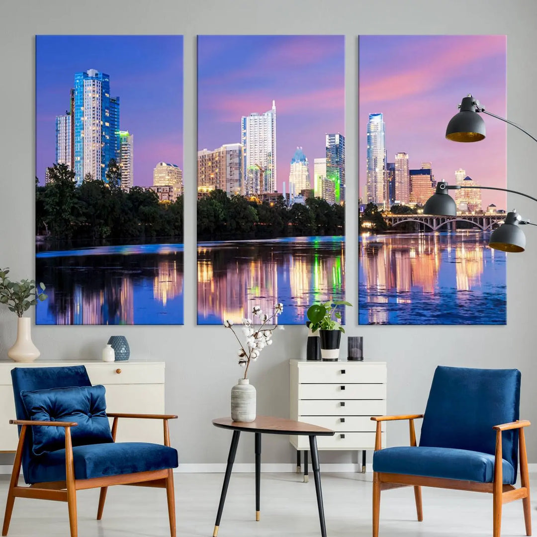 The "Austin City Lights Sunset Purple Skyline View Wall Art Canvas Print" adds artistic flair to the modern living room.