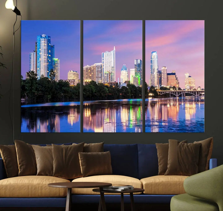 The "Austin City Lights Sunset Purple Skyline View Wall Art Canvas Print" adds artistic flair to the modern living room.