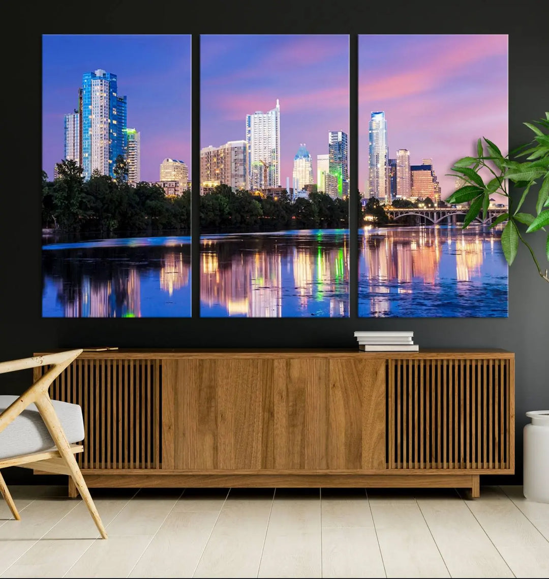 The "Austin City Lights Sunset Purple Skyline View Wall Art Canvas Print" adds artistic flair to the modern living room.