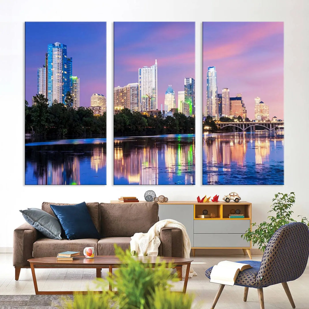 The "Austin City Lights Sunset Purple Skyline View Wall Art Canvas Print" adds artistic flair to the modern living room.