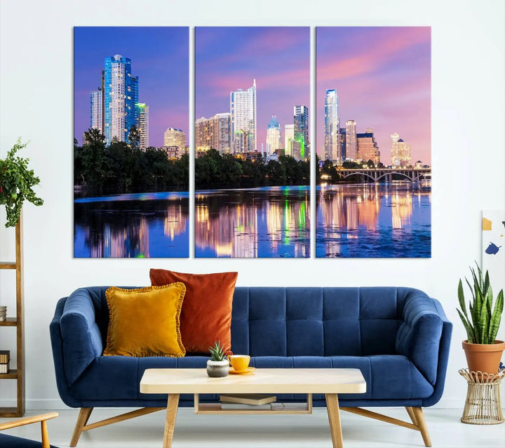 The "Austin City Lights Sunset Purple Skyline View Wall Art Canvas Print" adds artistic flair to the modern living room.