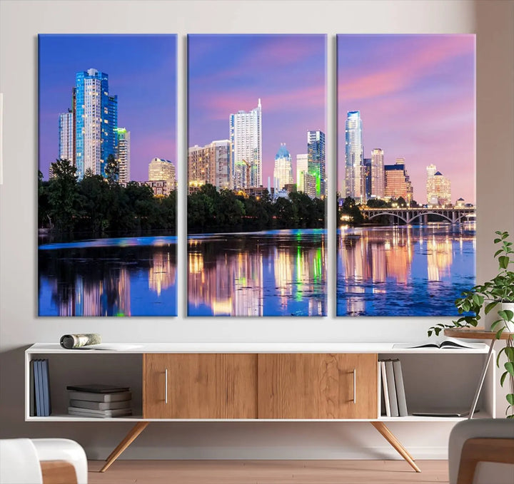 The "Austin City Lights Sunset Purple Skyline View Wall Art Canvas Print" adds artistic flair to the modern living room.