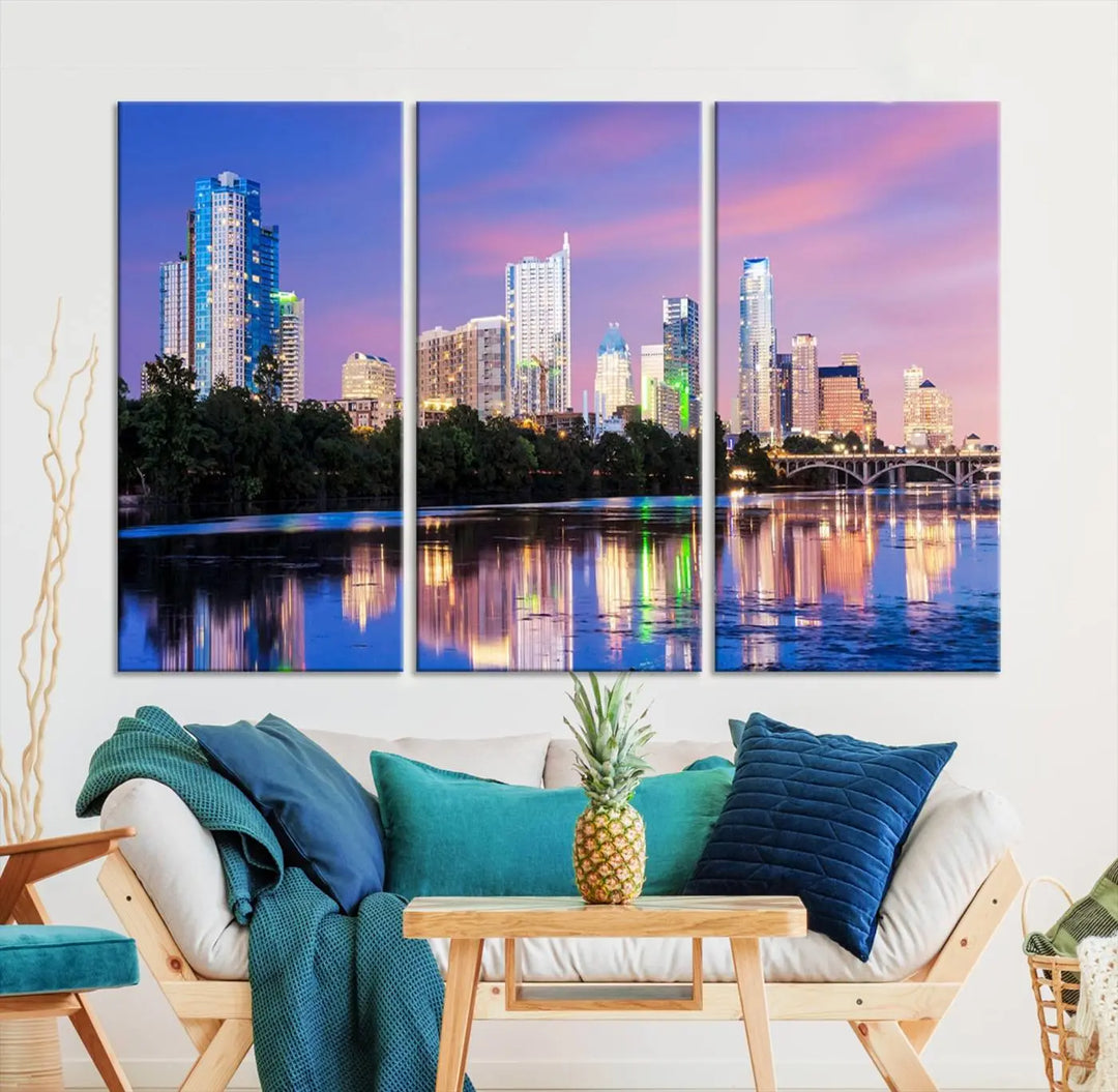 The "Austin City Lights Sunset Purple Skyline View Wall Art Canvas Print" adds artistic flair to the modern living room.