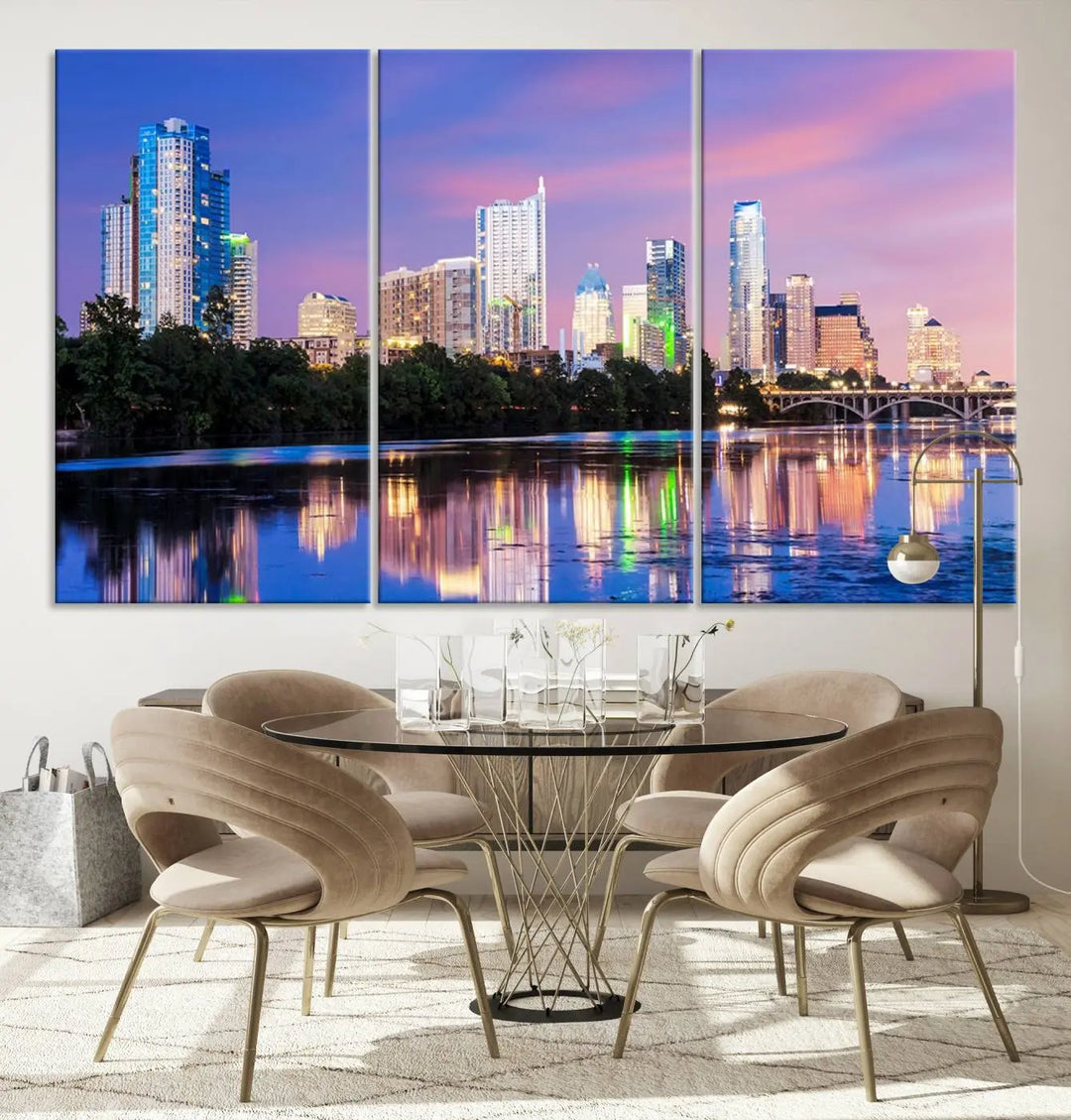 The "Austin City Lights Sunset Purple Skyline View Wall Art Canvas Print" adds artistic flair to the modern living room.