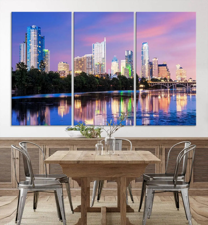 The "Austin City Lights Sunset Purple Skyline View Wall Art Canvas Print" adds artistic flair to the modern living room.