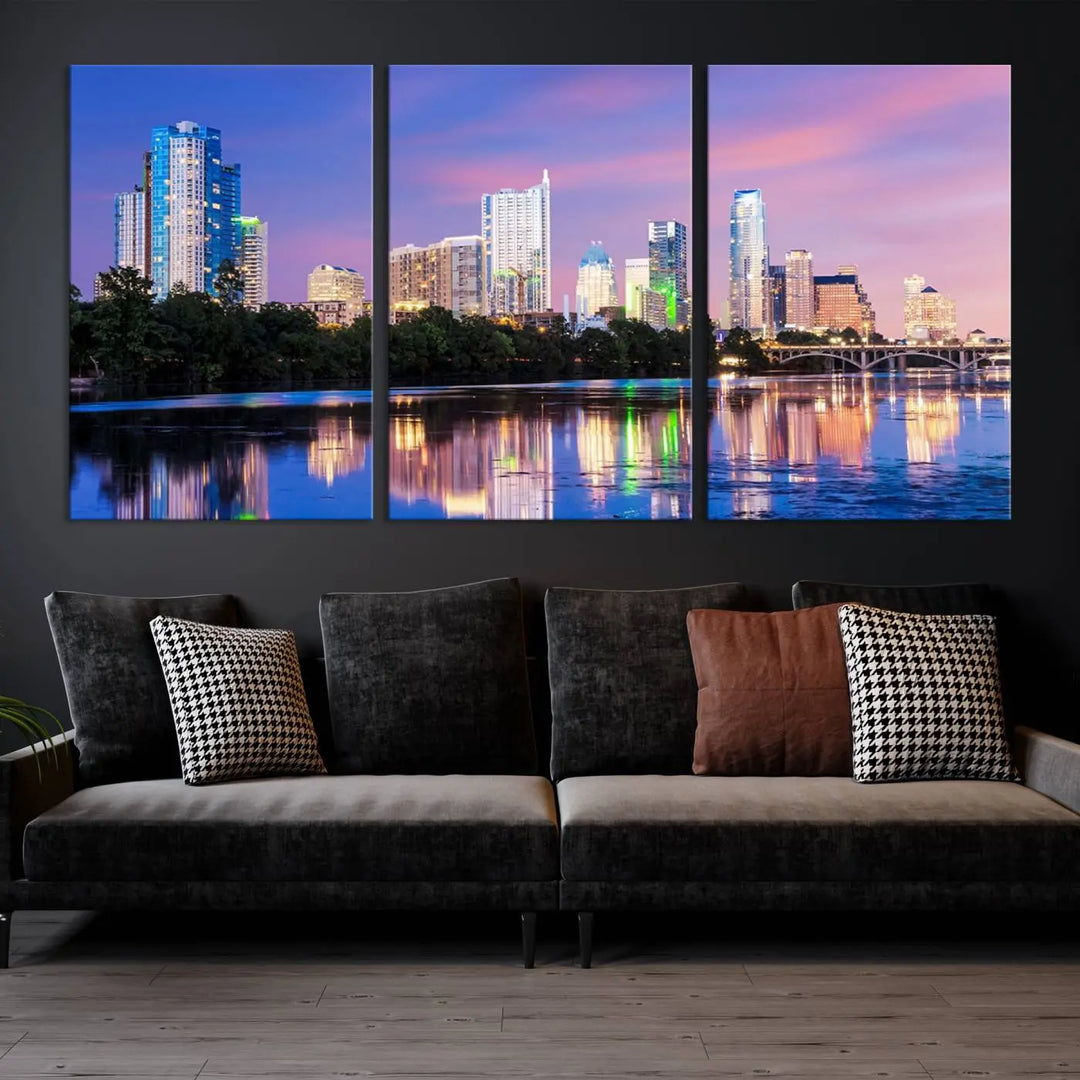 The "Austin City Lights Sunset Purple Skyline View Wall Art Canvas Print" adds artistic flair to the modern living room.