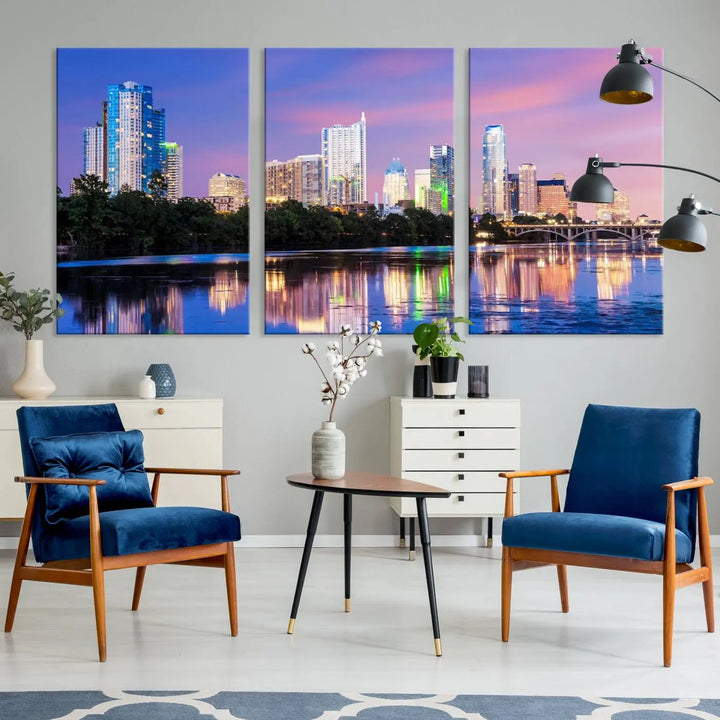 The "Austin City Lights Sunset Purple Skyline View Wall Art Canvas Print" adds artistic flair to the modern living room.