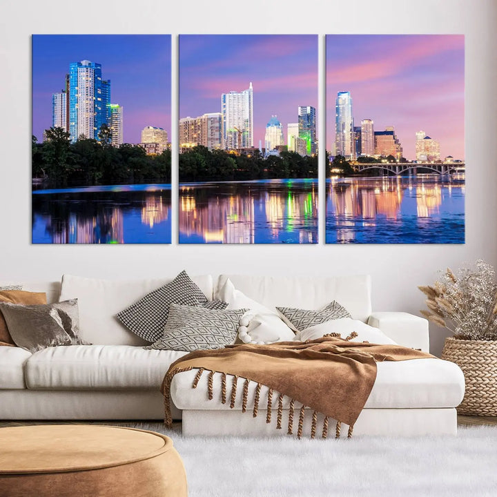 The "Austin City Lights Sunset Purple Skyline View Wall Art Canvas Print" adds artistic flair to the modern living room.