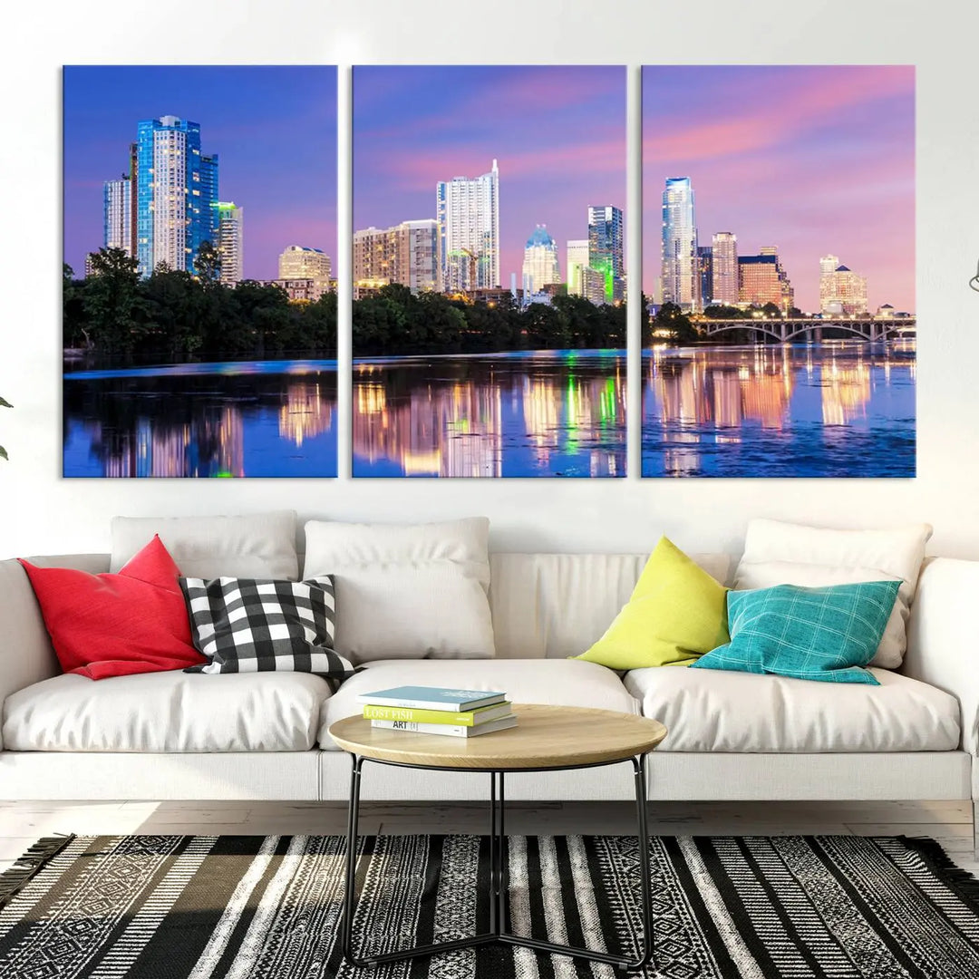 The "Austin City Lights Sunset Purple Skyline View Wall Art Canvas Print" adds artistic flair to the modern living room.