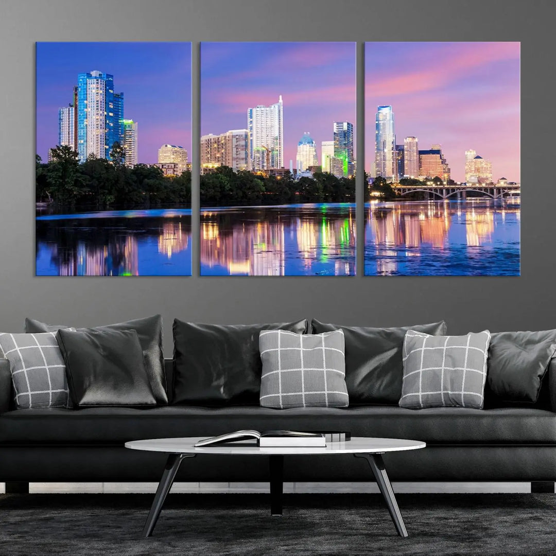 The "Austin City Lights Sunset Purple Skyline View Wall Art Canvas Print" adds artistic flair to the modern living room.