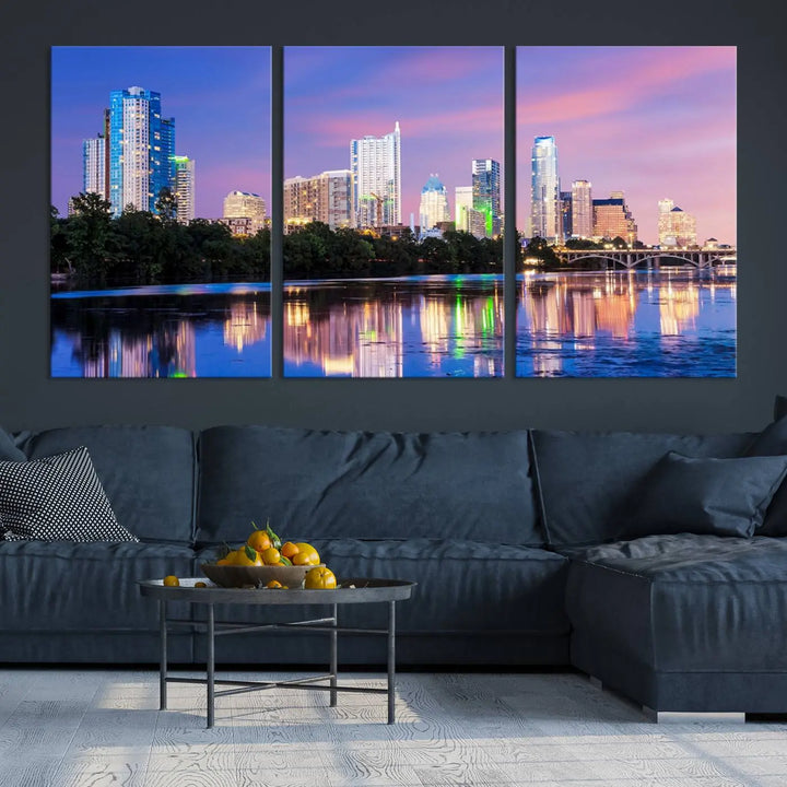 The "Austin City Lights Sunset Purple Skyline View Wall Art Canvas Print" adds artistic flair to the modern living room.