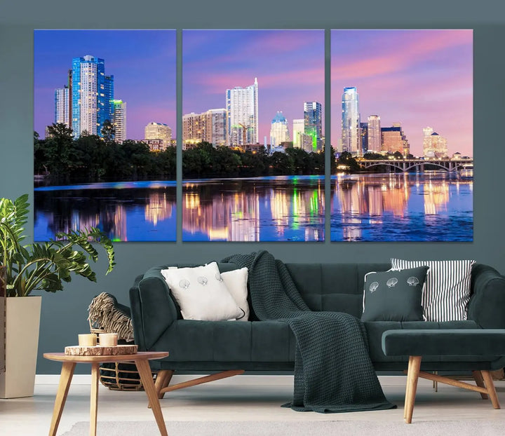 The "Austin City Lights Sunset Purple Skyline View Wall Art Canvas Print" adds artistic flair to the modern living room.