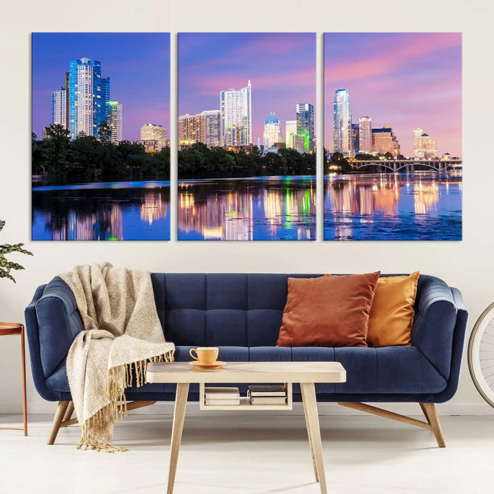 The "Austin City Lights Sunset Purple Skyline View Wall Art Canvas Print" adds artistic flair to the modern living room.