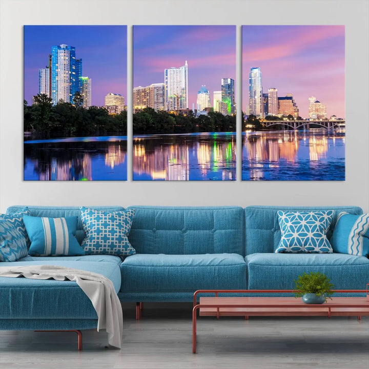 The "Austin City Lights Sunset Purple Skyline View Wall Art Canvas Print" adds artistic flair to the modern living room.