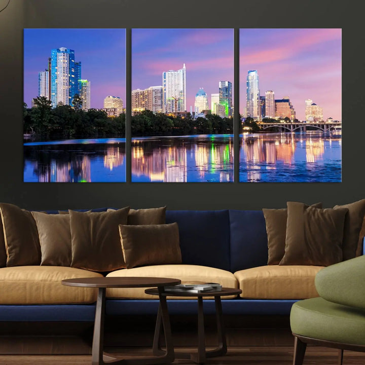 The "Austin City Lights Sunset Purple Skyline View Wall Art Canvas Print" adds artistic flair to the modern living room.