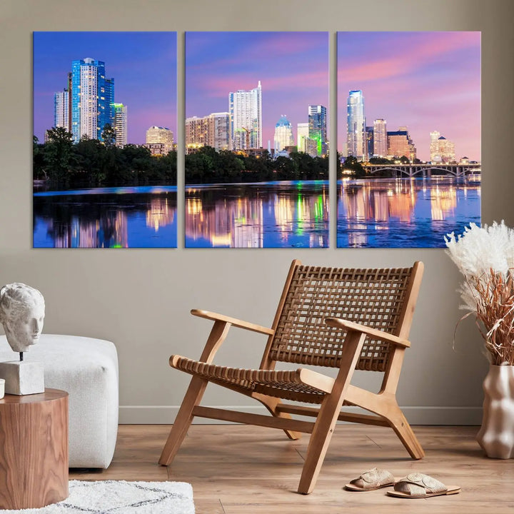 The "Austin City Lights Sunset Purple Skyline View Wall Art Canvas Print" adds artistic flair to the modern living room.