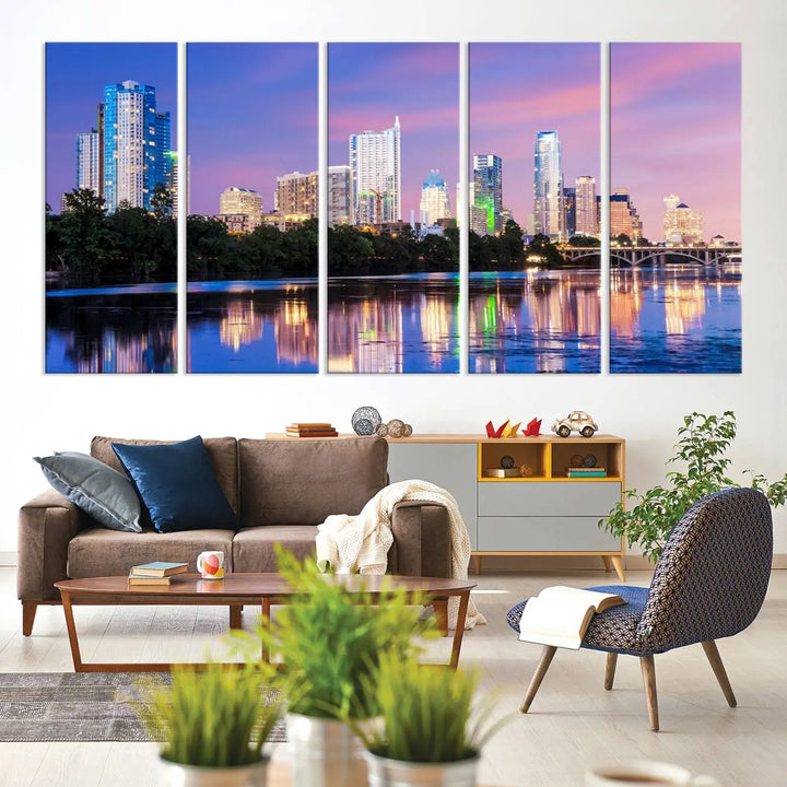 The "Austin City Lights Sunset Purple Skyline View Wall Art Canvas Print" adds artistic flair to the modern living room.