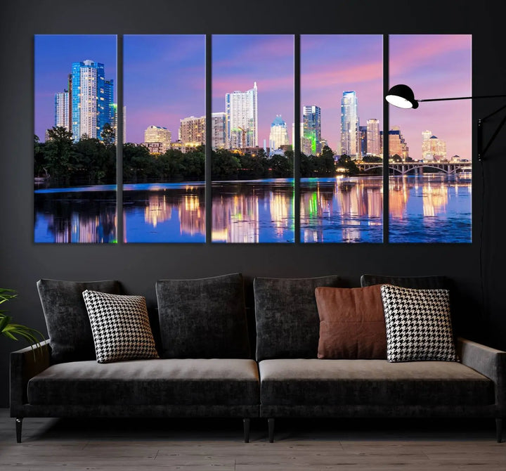 The "Austin City Lights Sunset Purple Skyline View Wall Art Canvas Print" adds artistic flair to the modern living room.