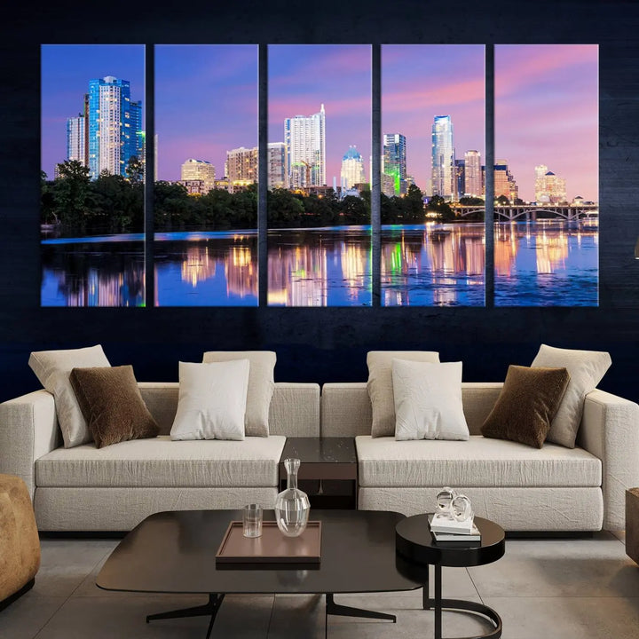 The "Austin City Lights Sunset Purple Skyline View Wall Art Canvas Print" adds artistic flair to the modern living room.