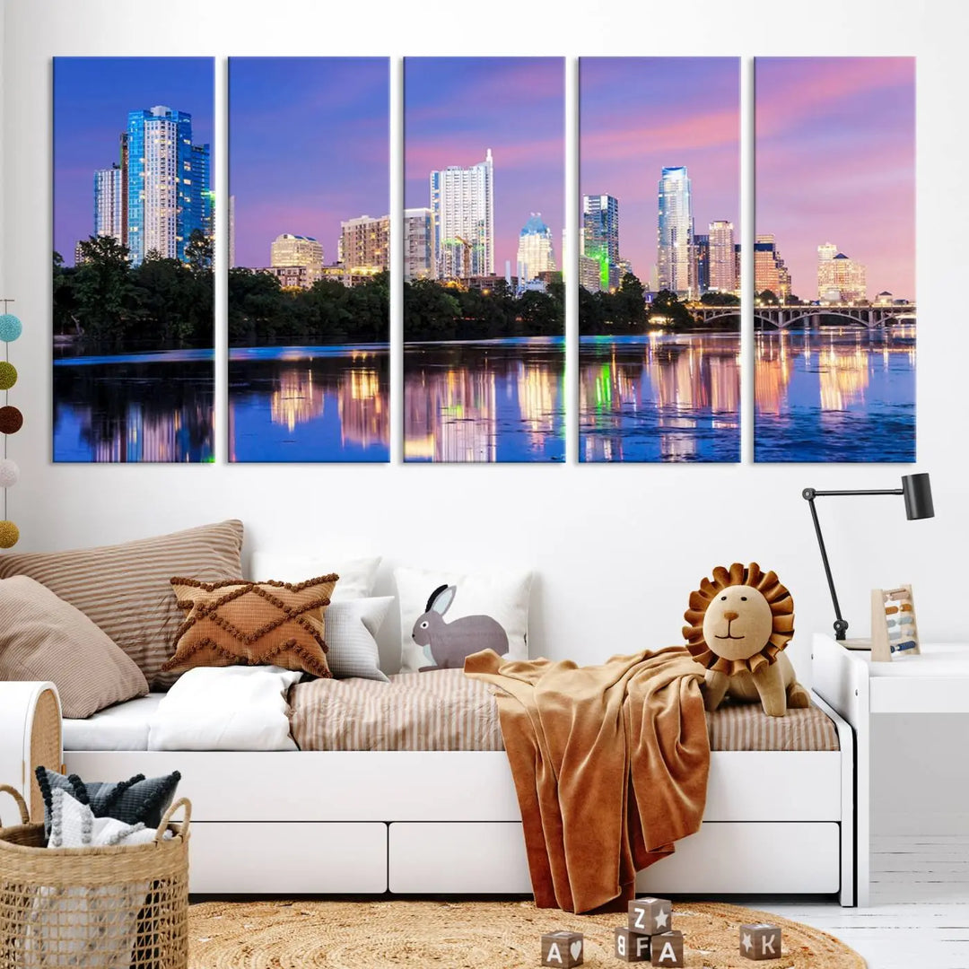 The "Austin City Lights Sunset Purple Skyline View Wall Art Canvas Print" adds artistic flair to the modern living room.