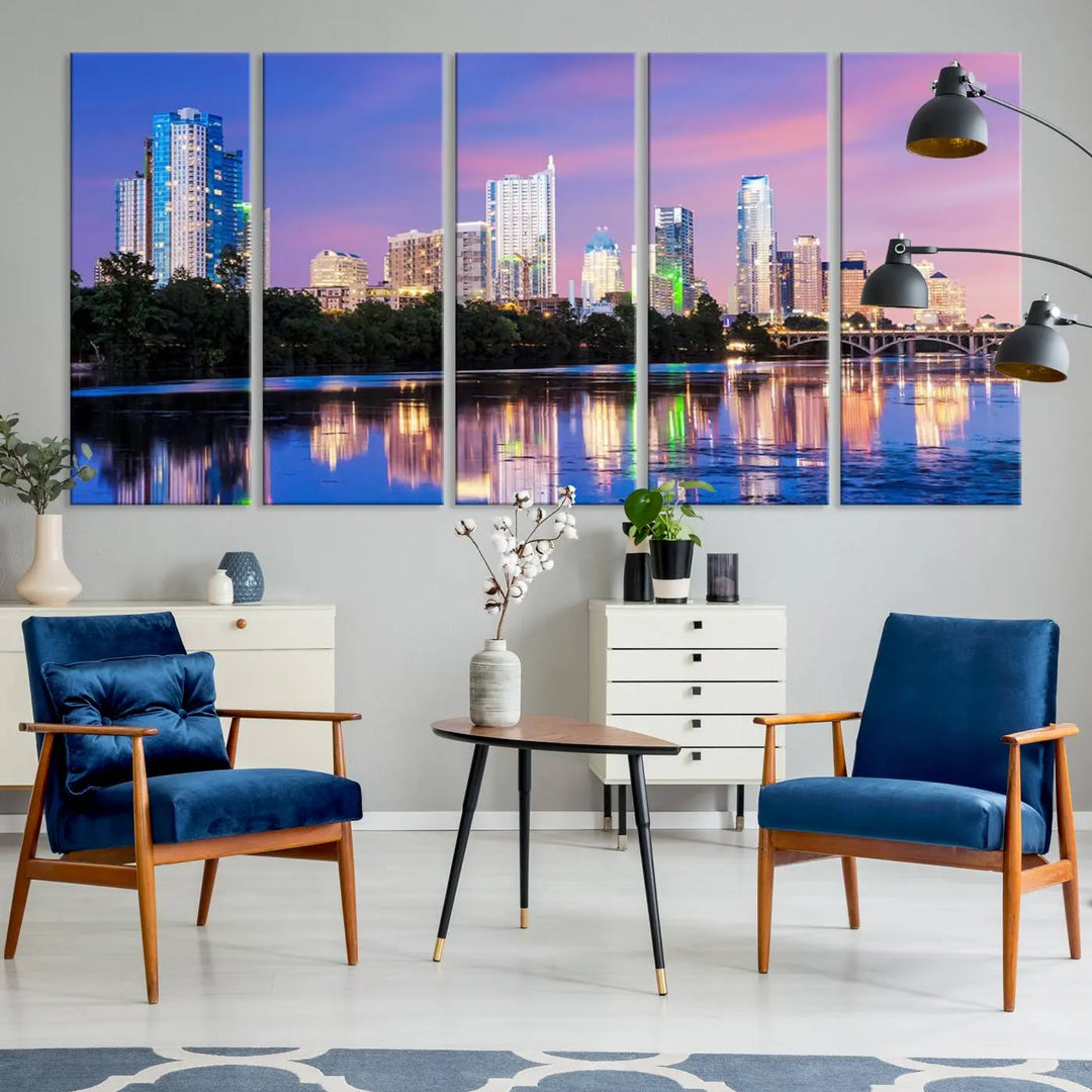 The "Austin City Lights Sunset Purple Skyline View Wall Art Canvas Print" adds artistic flair to the modern living room.