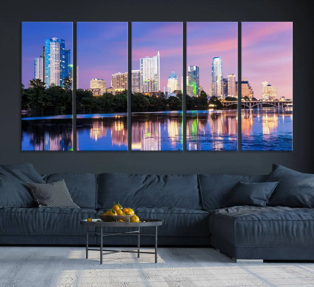 The "Austin City Lights Sunset Purple Skyline View Wall Art Canvas Print" adds artistic flair to the modern living room.