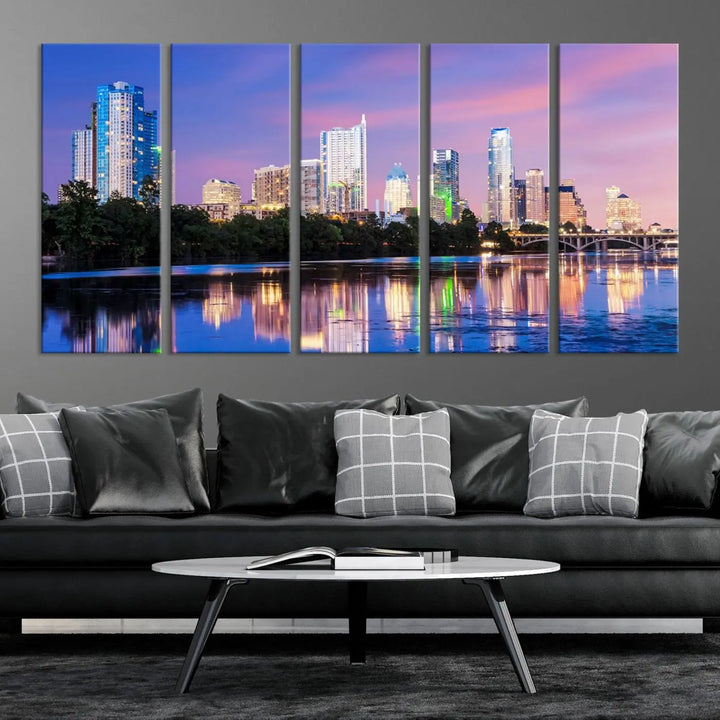 The "Austin City Lights Sunset Purple Skyline View Wall Art Canvas Print" adds artistic flair to the modern living room.