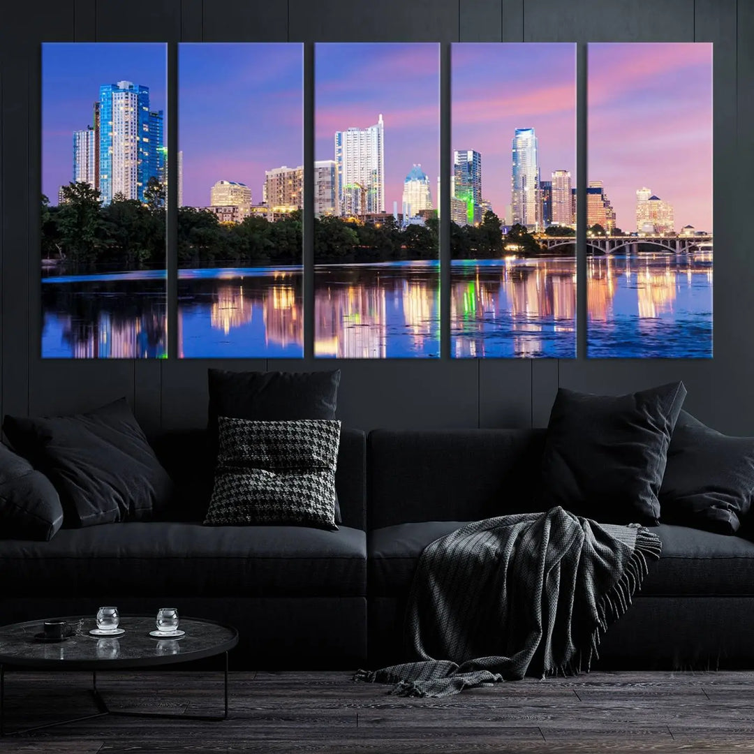 The "Austin City Lights Sunset Purple Skyline View Wall Art Canvas Print" adds artistic flair to the modern living room.