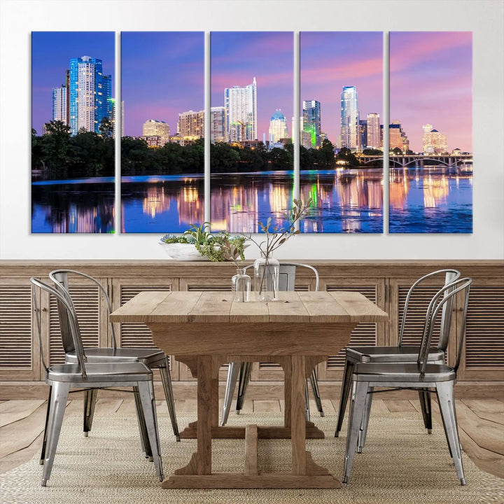 The "Austin City Lights Sunset Purple Skyline View Wall Art Canvas Print" adds artistic flair to the modern living room.