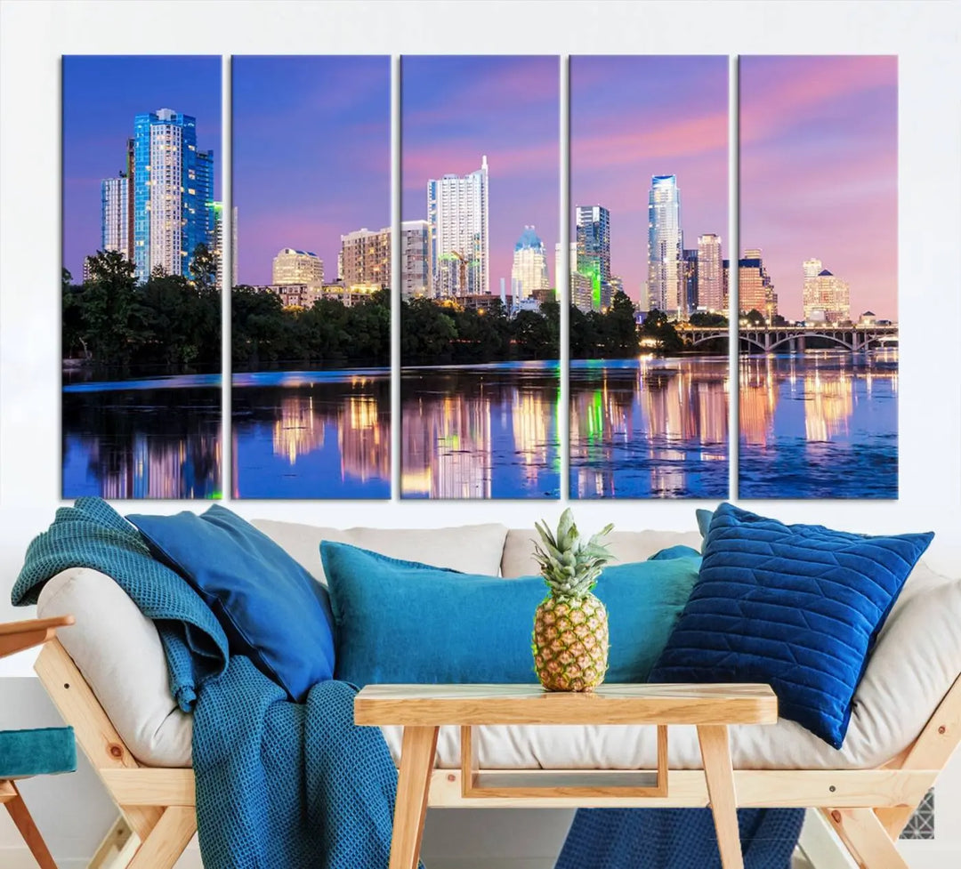 The "Austin City Lights Sunset Purple Skyline View Wall Art Canvas Print" adds artistic flair to the modern living room.