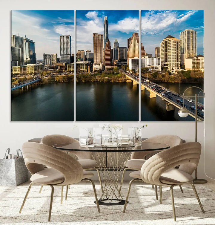 The "Austin City Morning Blue Cloudy Skyline Cityscape View Wall Art Canvas Print" is printed on museum-quality polycotton canvas, gallery wrapped, and features reflective metallic accents complemented by a UV-protective coating for lasting vibrancy.