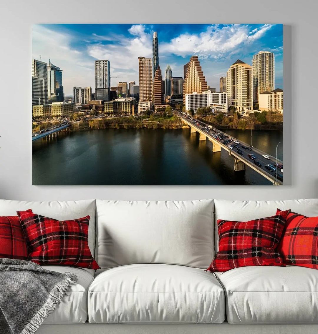 The "Austin City Morning Blue Cloudy Skyline Cityscape View Wall Art Canvas Print" is printed on museum-quality polycotton canvas, gallery wrapped, and features reflective metallic accents complemented by a UV-protective coating for lasting vibrancy.