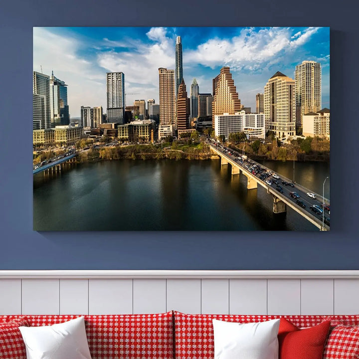 The "Austin City Morning Blue Cloudy Skyline Cityscape View Wall Art Canvas Print" is printed on museum-quality polycotton canvas, gallery wrapped, and features reflective metallic accents complemented by a UV-protective coating for lasting vibrancy.