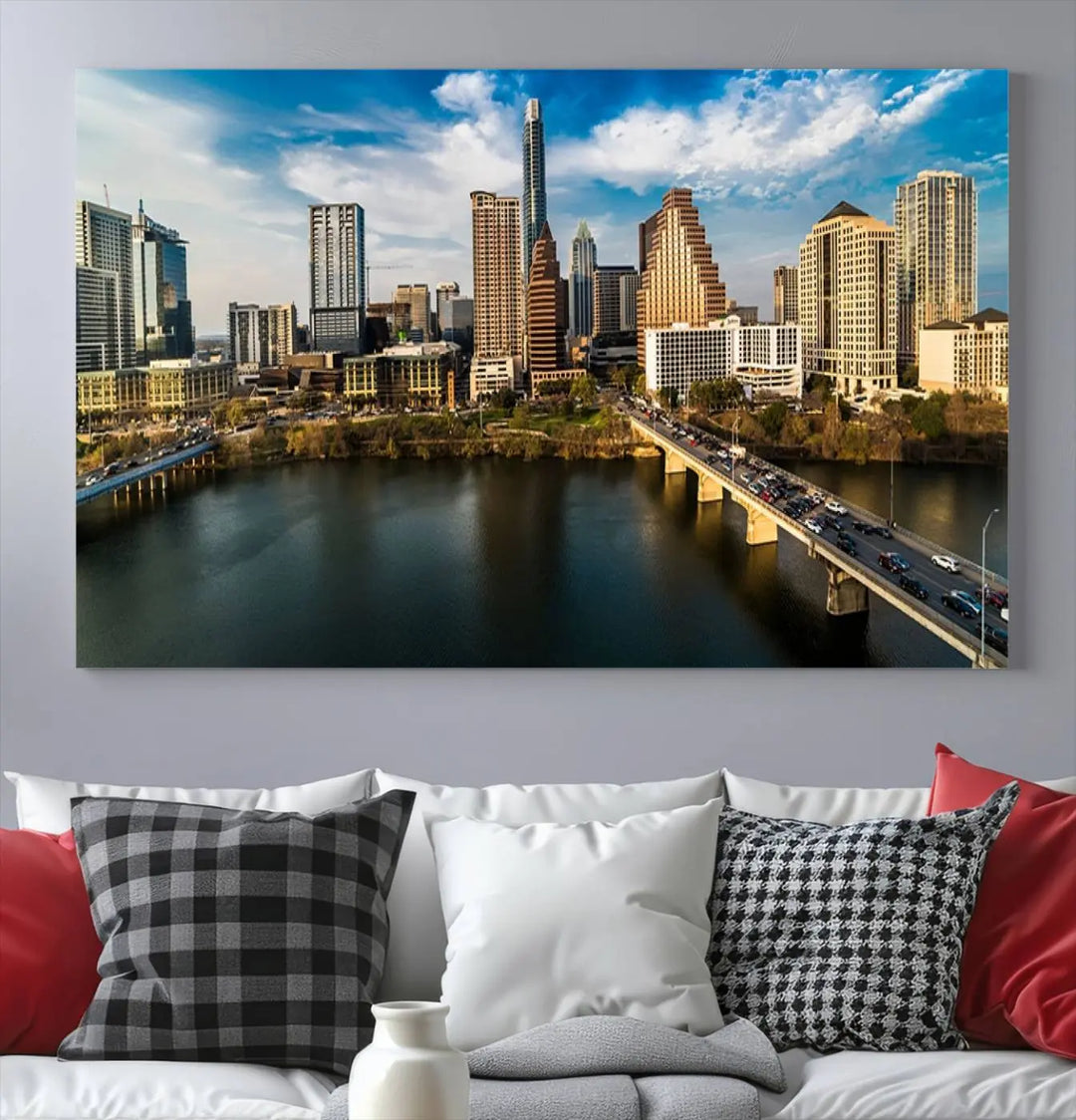 The "Austin City Morning Blue Cloudy Skyline Cityscape View Wall Art Canvas Print" is printed on museum-quality polycotton canvas, gallery wrapped, and features reflective metallic accents complemented by a UV-protective coating for lasting vibrancy.