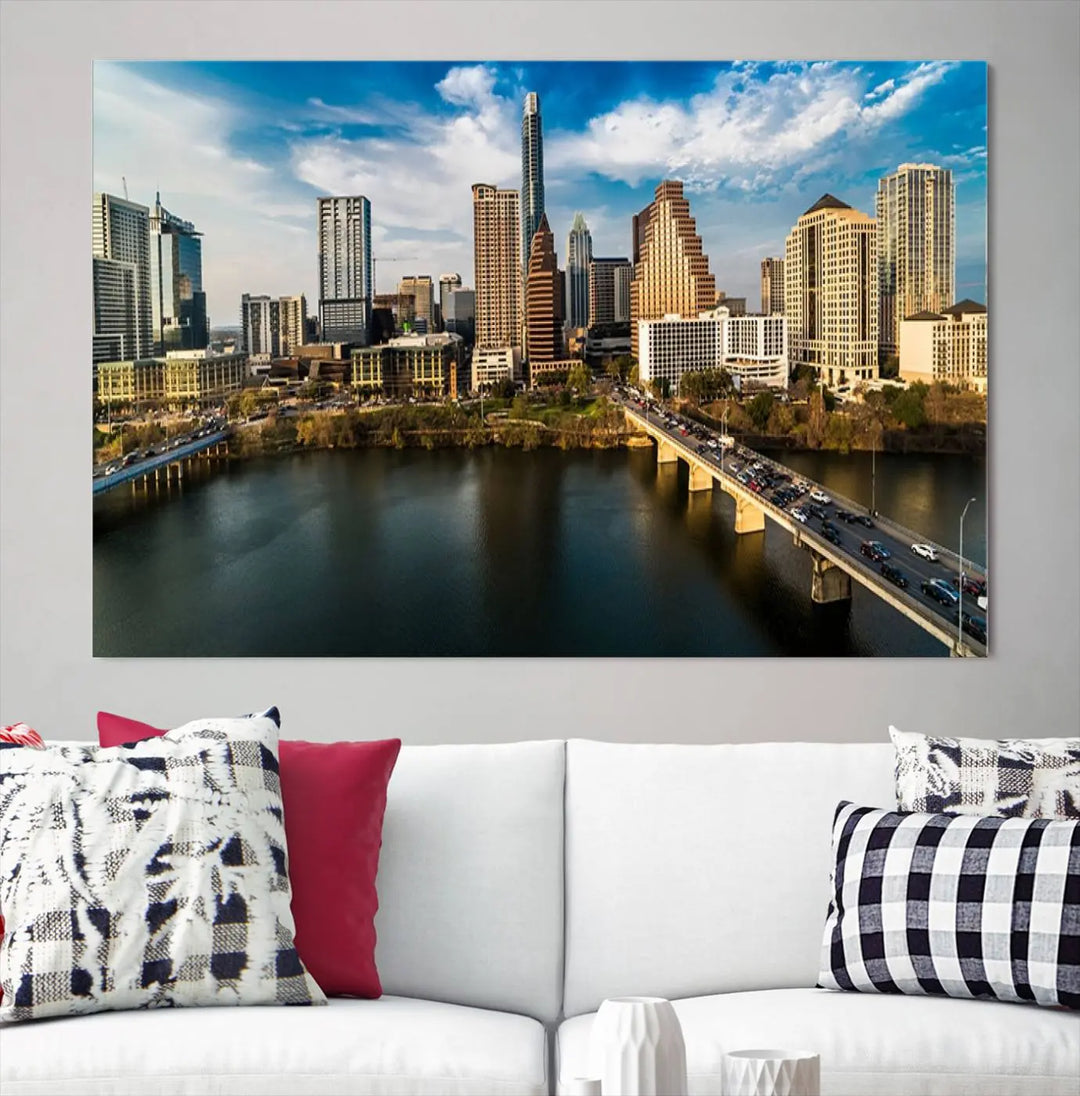 The "Austin City Morning Blue Cloudy Skyline Cityscape View Wall Art Canvas Print" is printed on museum-quality polycotton canvas, gallery wrapped, and features reflective metallic accents complemented by a UV-protective coating for lasting vibrancy.