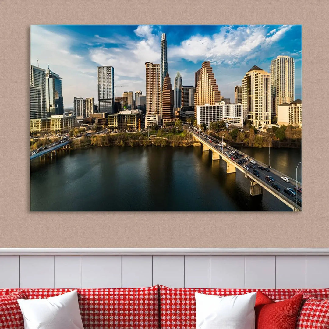 The "Austin City Morning Blue Cloudy Skyline Cityscape View Wall Art Canvas Print" is printed on museum-quality polycotton canvas, gallery wrapped, and features reflective metallic accents complemented by a UV-protective coating for lasting vibrancy.