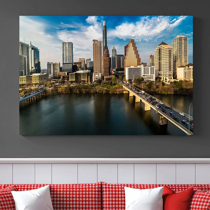 The "Austin City Morning Blue Cloudy Skyline Cityscape View Wall Art Canvas Print" is printed on museum-quality polycotton canvas, gallery wrapped, and features reflective metallic accents complemented by a UV-protective coating for lasting vibrancy.