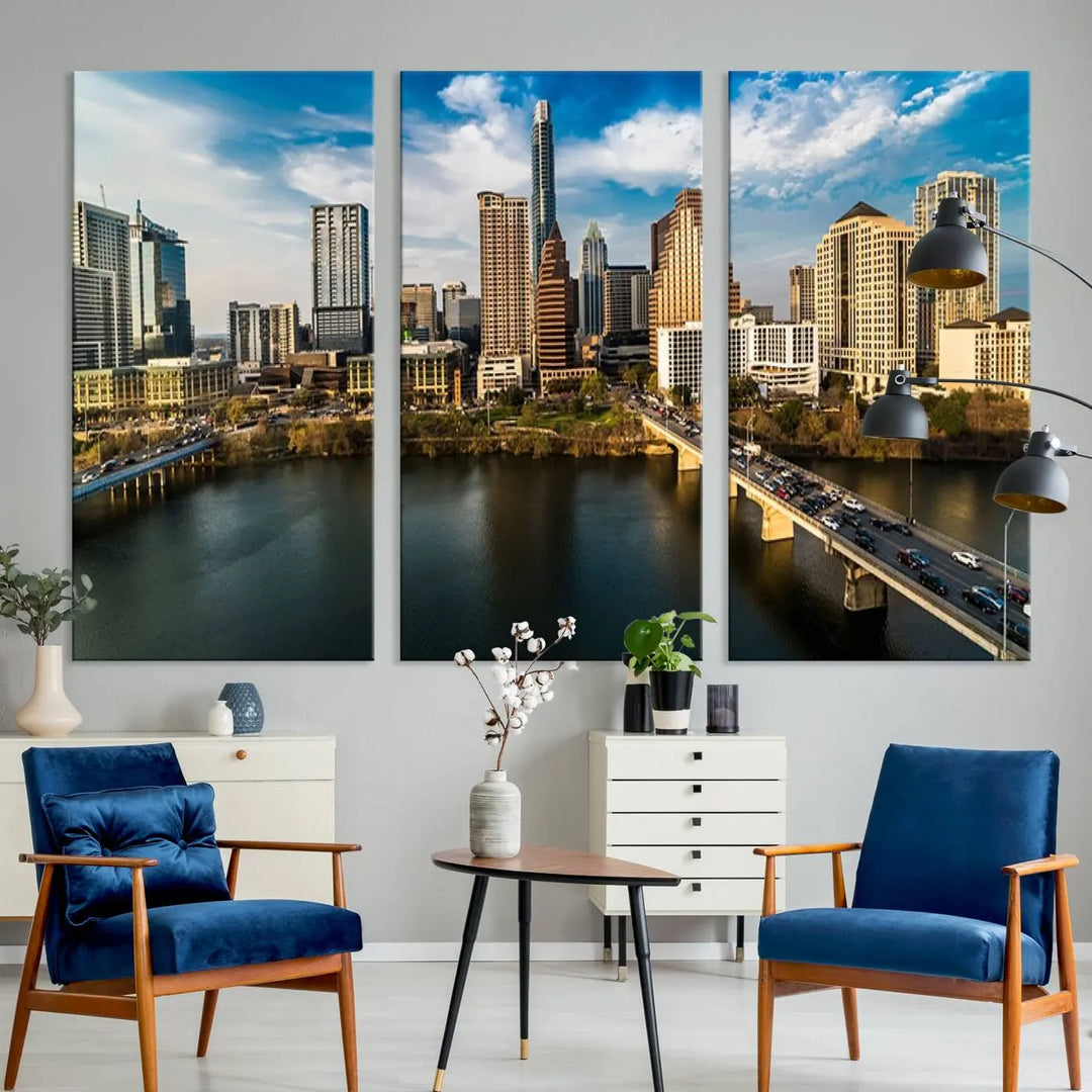 The "Austin City Morning Blue Cloudy Skyline Cityscape View Wall Art Canvas Print" is printed on museum-quality polycotton canvas, gallery wrapped, and features reflective metallic accents complemented by a UV-protective coating for lasting vibrancy.