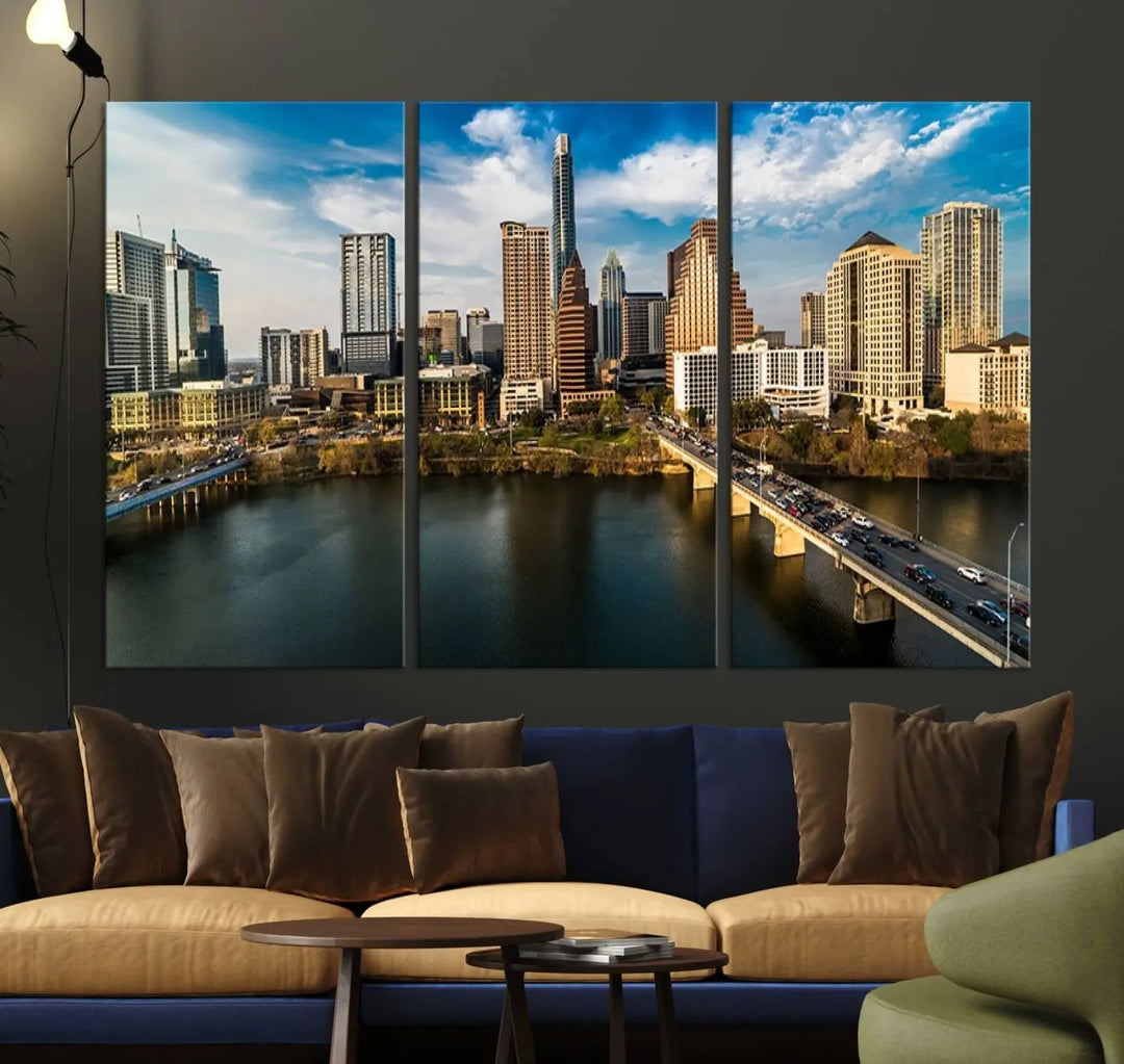 The "Austin City Morning Blue Cloudy Skyline Cityscape View Wall Art Canvas Print" is printed on museum-quality polycotton canvas, gallery wrapped, and features reflective metallic accents complemented by a UV-protective coating for lasting vibrancy.