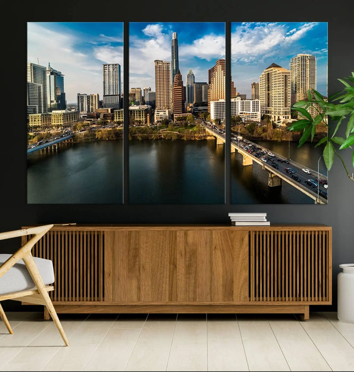 The "Austin City Morning Blue Cloudy Skyline Cityscape View Wall Art Canvas Print" is printed on museum-quality polycotton canvas, gallery wrapped, and features reflective metallic accents complemented by a UV-protective coating for lasting vibrancy.