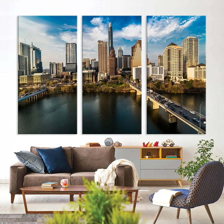 The "Austin City Morning Blue Cloudy Skyline Cityscape View Wall Art Canvas Print" is printed on museum-quality polycotton canvas, gallery wrapped, and features reflective metallic accents complemented by a UV-protective coating for lasting vibrancy.