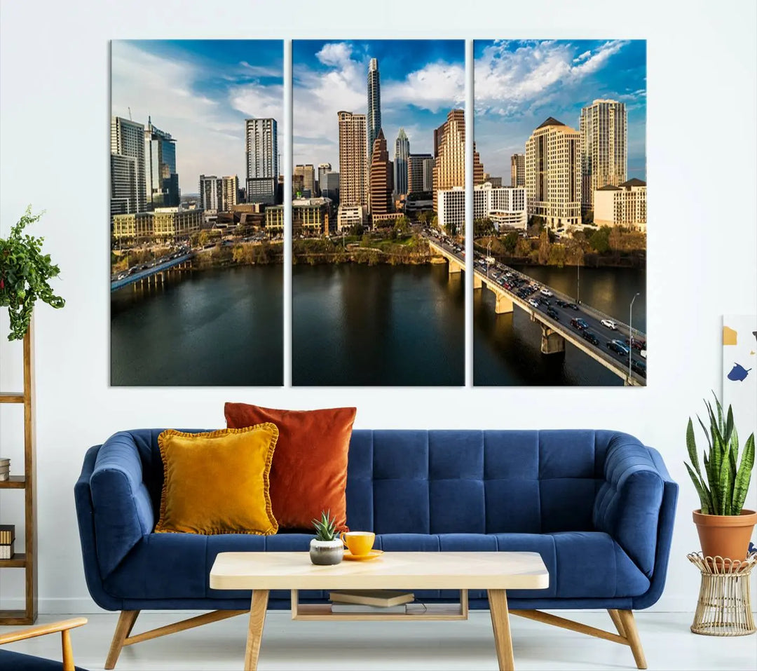 The "Austin City Morning Blue Cloudy Skyline Cityscape View Wall Art Canvas Print" is printed on museum-quality polycotton canvas, gallery wrapped, and features reflective metallic accents complemented by a UV-protective coating for lasting vibrancy.