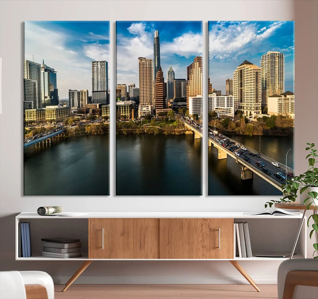 The "Austin City Morning Blue Cloudy Skyline Cityscape View Wall Art Canvas Print" is printed on museum-quality polycotton canvas, gallery wrapped, and features reflective metallic accents complemented by a UV-protective coating for lasting vibrancy.