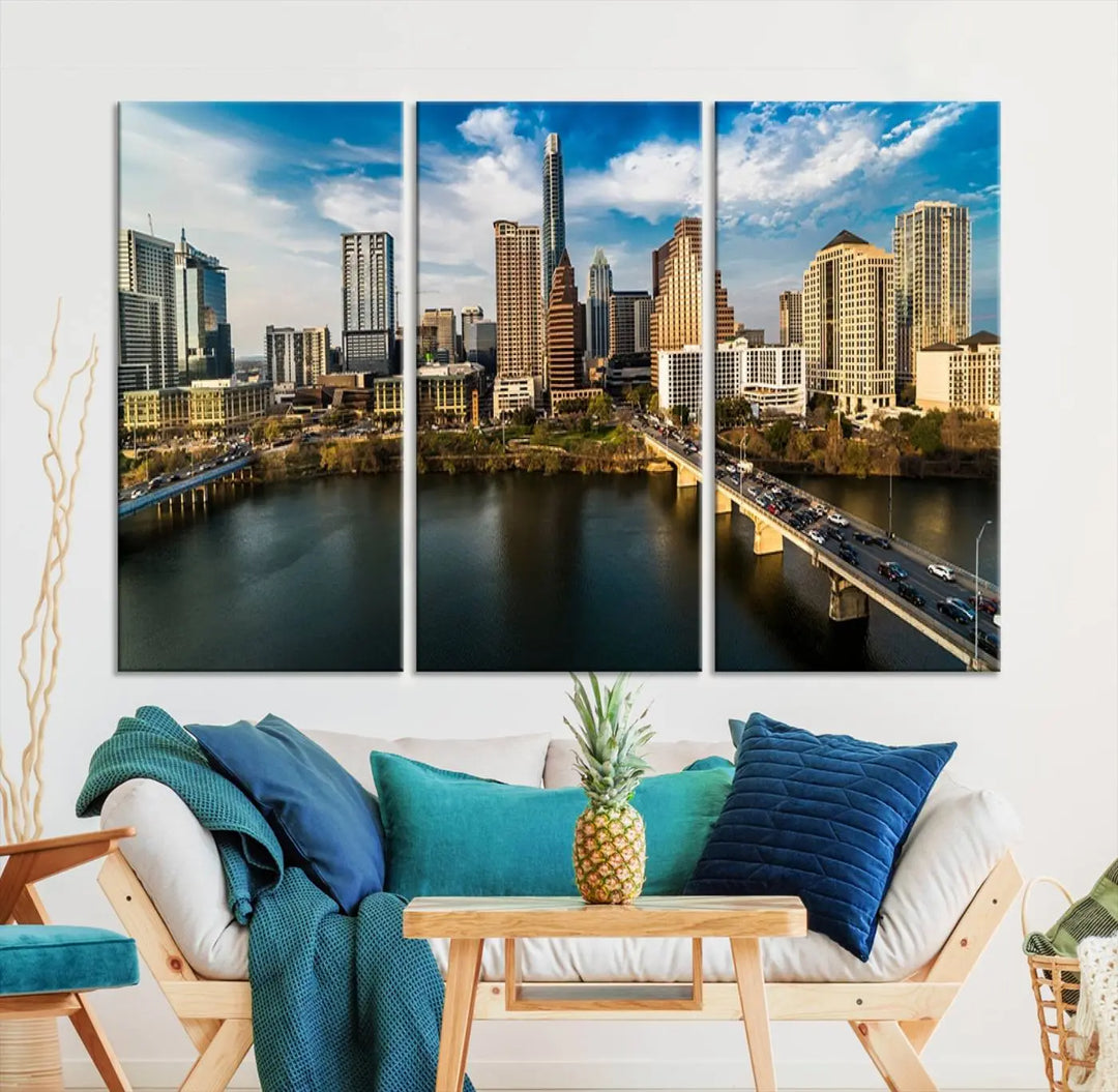 The "Austin City Morning Blue Cloudy Skyline Cityscape View Wall Art Canvas Print" is printed on museum-quality polycotton canvas, gallery wrapped, and features reflective metallic accents complemented by a UV-protective coating for lasting vibrancy.