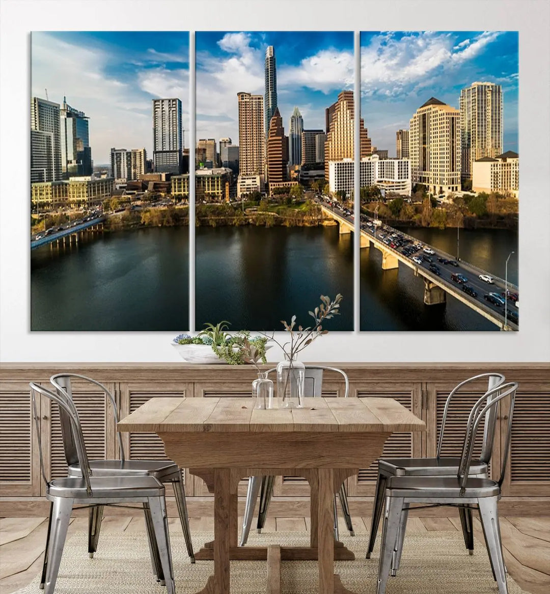 The "Austin City Morning Blue Cloudy Skyline Cityscape View Wall Art Canvas Print" is printed on museum-quality polycotton canvas, gallery wrapped, and features reflective metallic accents complemented by a UV-protective coating for lasting vibrancy.