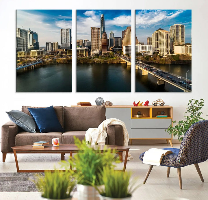 The "Austin City Morning Blue Cloudy Skyline Cityscape View Wall Art Canvas Print" is printed on museum-quality polycotton canvas, gallery wrapped, and features reflective metallic accents complemented by a UV-protective coating for lasting vibrancy.