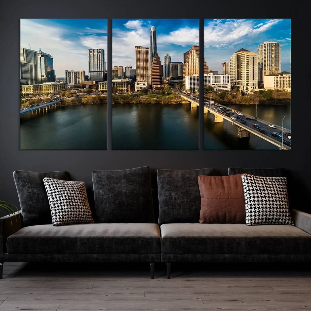 The "Austin City Morning Blue Cloudy Skyline Cityscape View Wall Art Canvas Print" is printed on museum-quality polycotton canvas, gallery wrapped, and features reflective metallic accents complemented by a UV-protective coating for lasting vibrancy.