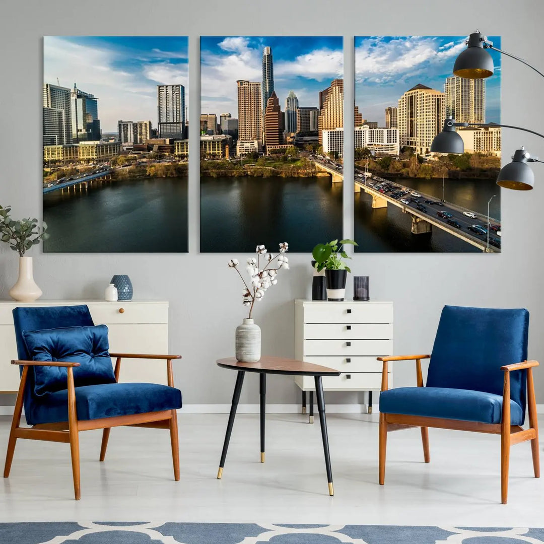 The "Austin City Morning Blue Cloudy Skyline Cityscape View Wall Art Canvas Print" is printed on museum-quality polycotton canvas, gallery wrapped, and features reflective metallic accents complemented by a UV-protective coating for lasting vibrancy.